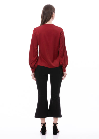V-neck Pleat Detail Balloon Long Sleeve Blouse In Burgundy Solid