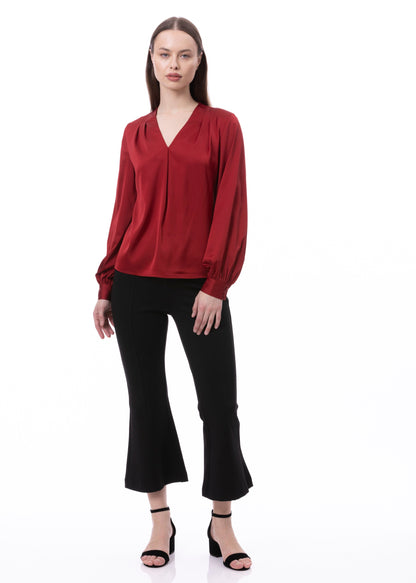 V-neck Pleat Detail Balloon Long Sleeve Blouse In Burgundy Solid