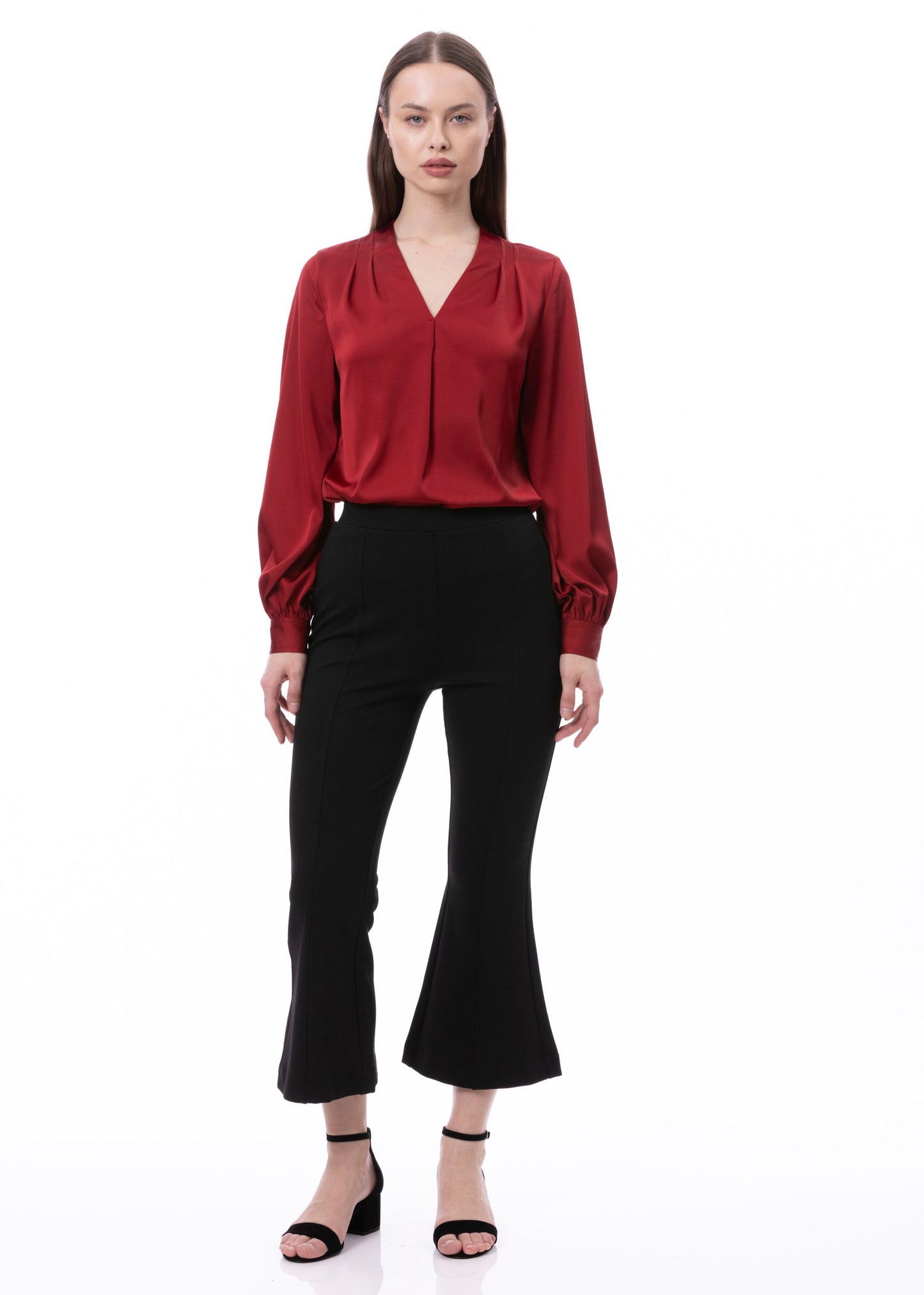 V-neck Pleat Detail Balloon Long Sleeve Blouse In Burgundy Solid