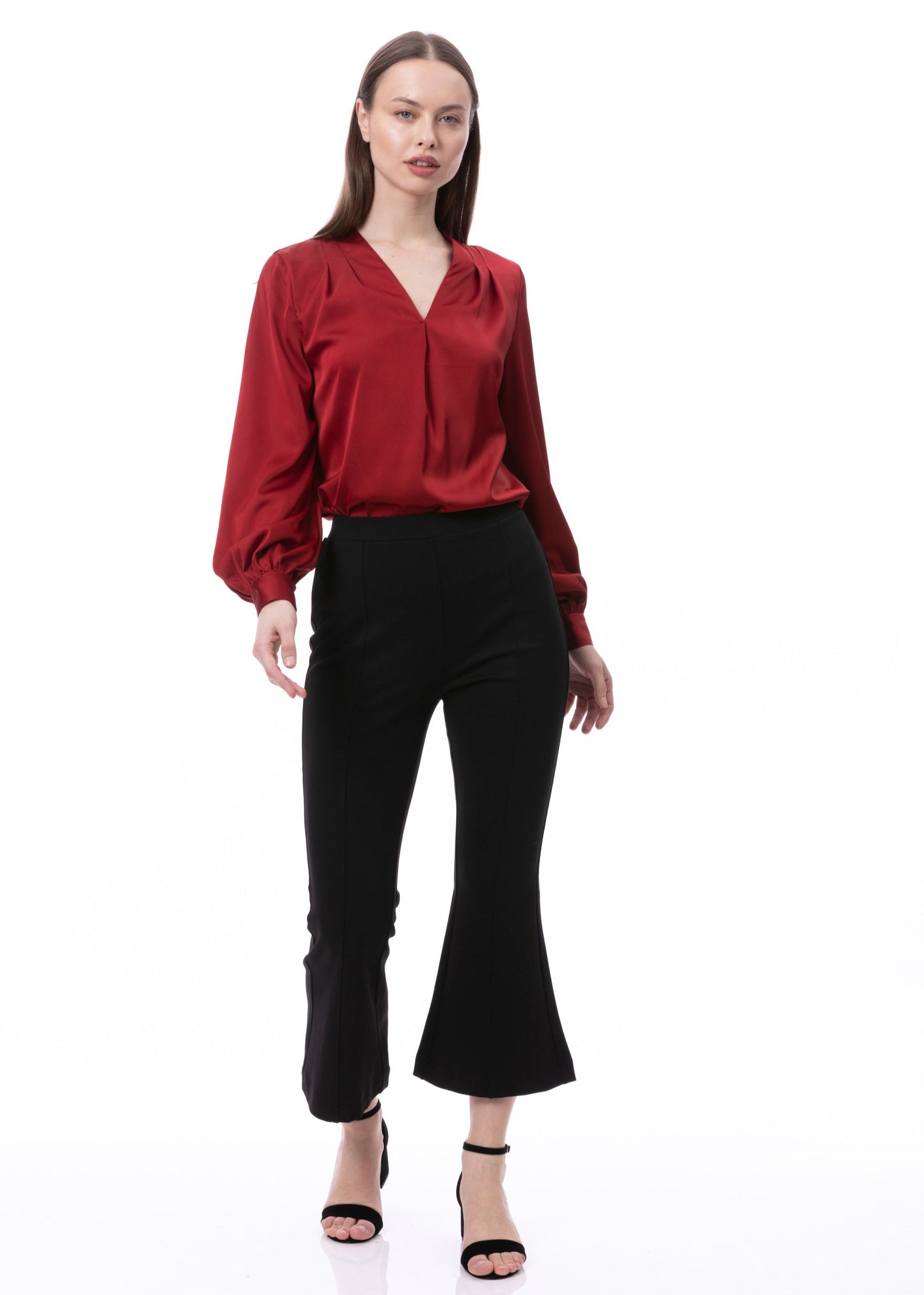 V-neck Pleat Detail Balloon Long Sleeve Blouse In Burgundy Solid