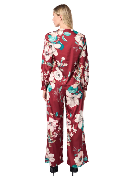 V-neck Pleat Detail Balloon Long Sleeve Blouse (Print)