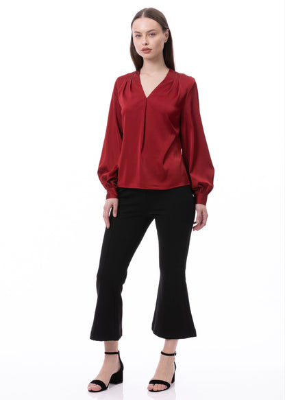 V-neck Pleat Detail Balloon Long Sleeve Blouse In Burgundy Solid