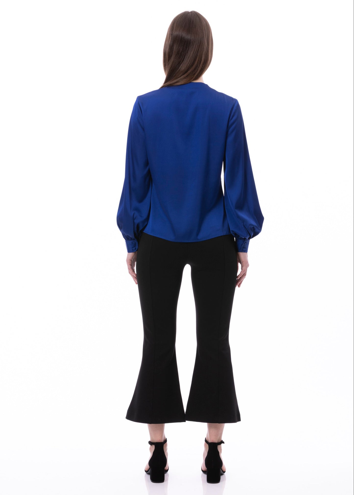 V-neck Pleat Detail Balloon Long Sleeve Blouse In Cobalt Solid