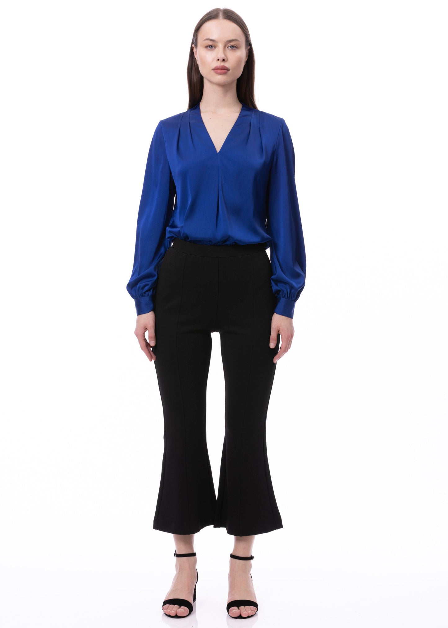 V-neck Pleat Detail Balloon Long Sleeve Blouse In Cobalt Solid
