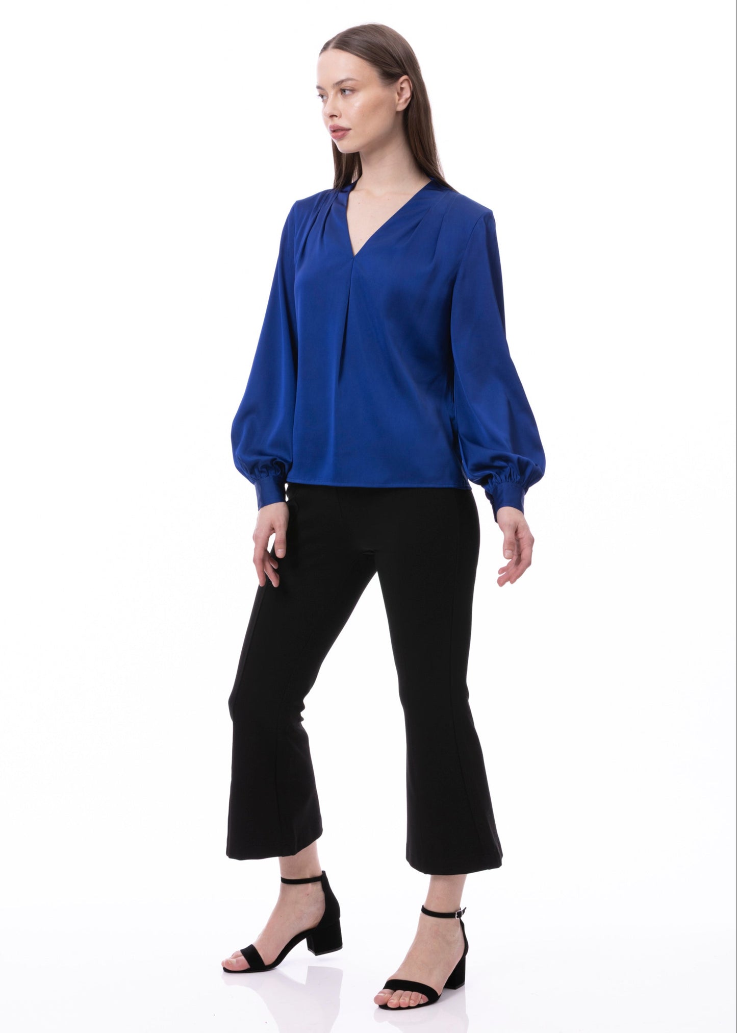 V-neck Pleat Detail Balloon Long Sleeve Blouse In Cobalt Solid