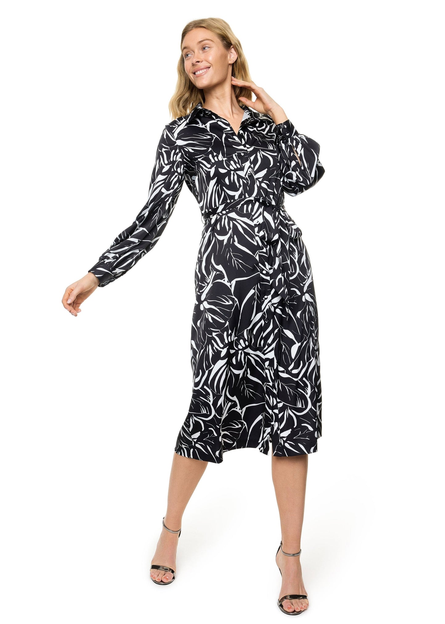 Button Down Long Sleeve Shirt Dress ( Print )