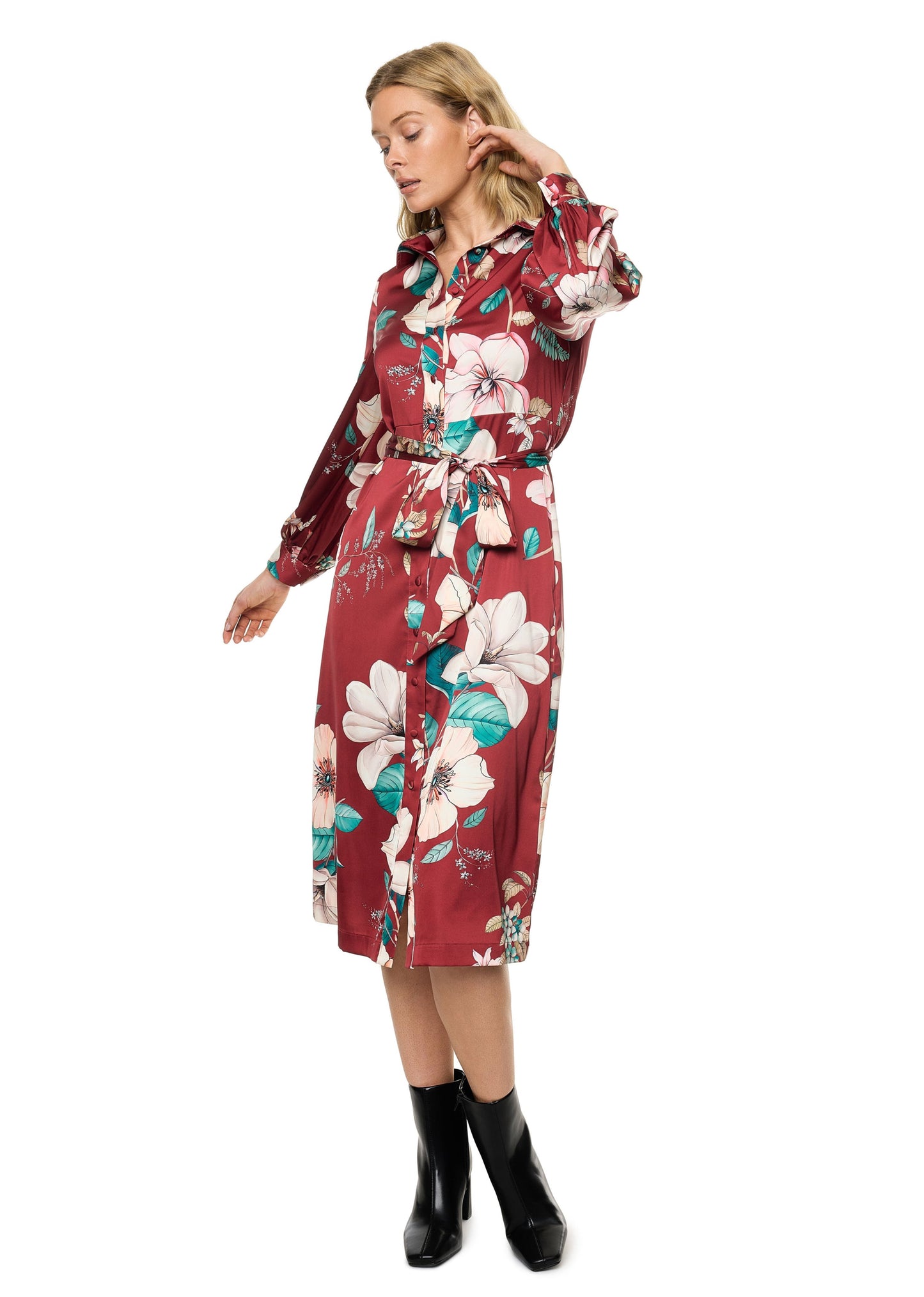 Button Down Long Sleeve Shirt Dress (Print)