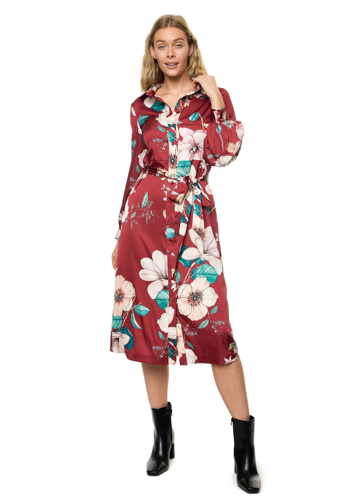 Button Down Long Sleeve Shirt Dress (Print)