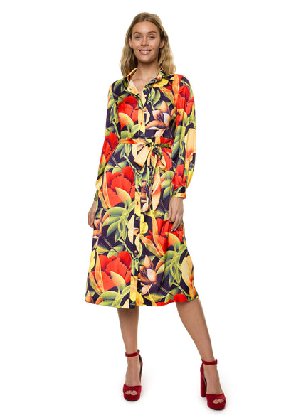 Button Down Long Sleeve Shirt Dress (Print)
