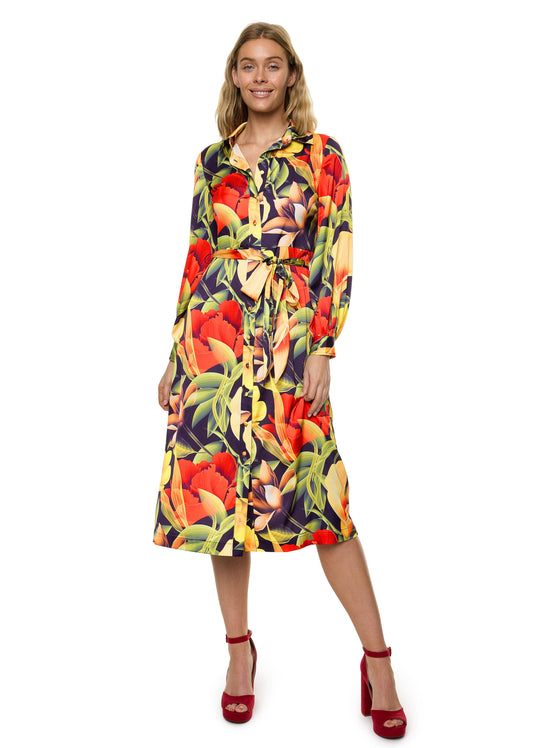 Button Down Long Sleeve Shirt Dress (Print)