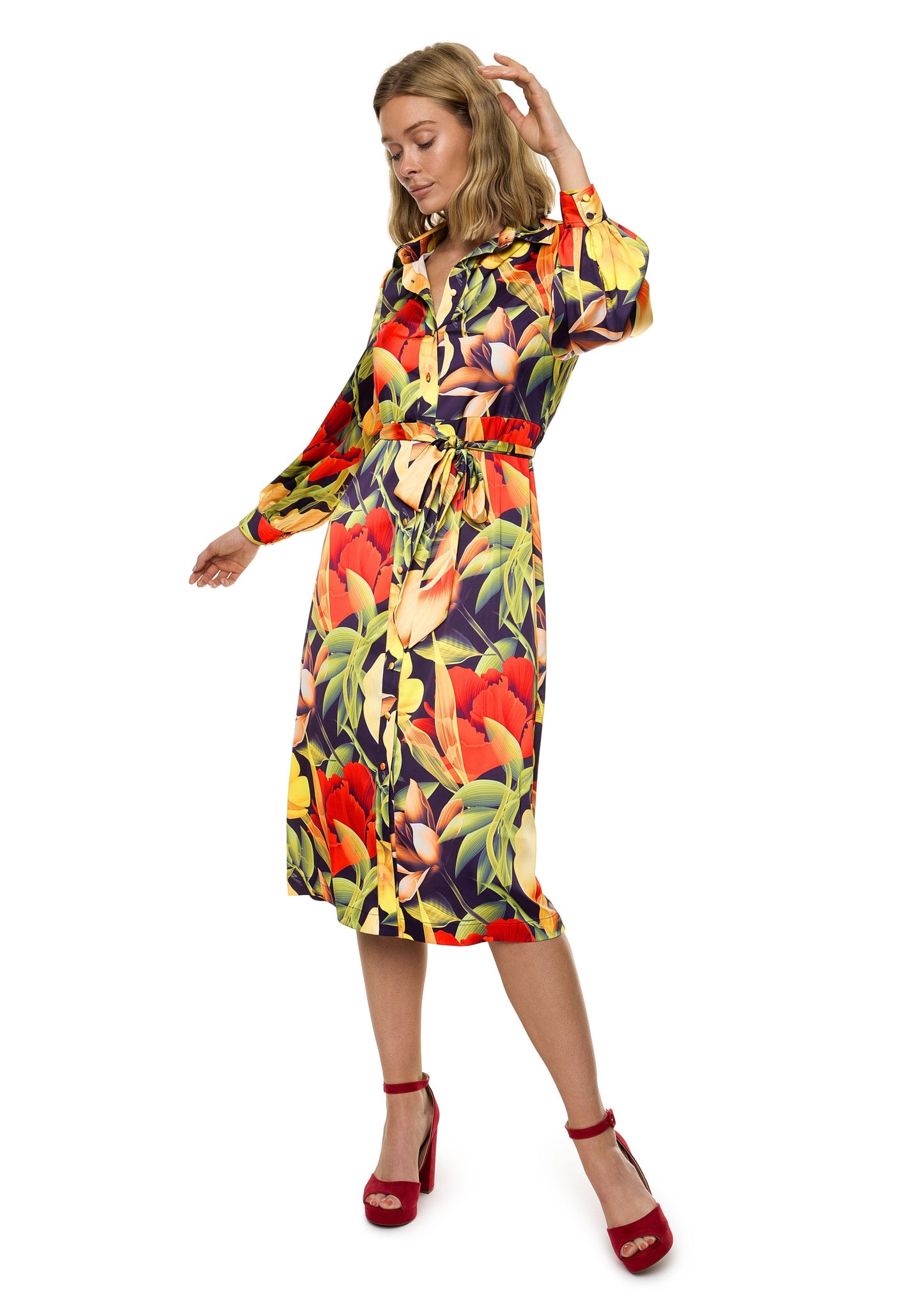 Button Down Long Sleeve Shirt Dress (Print)