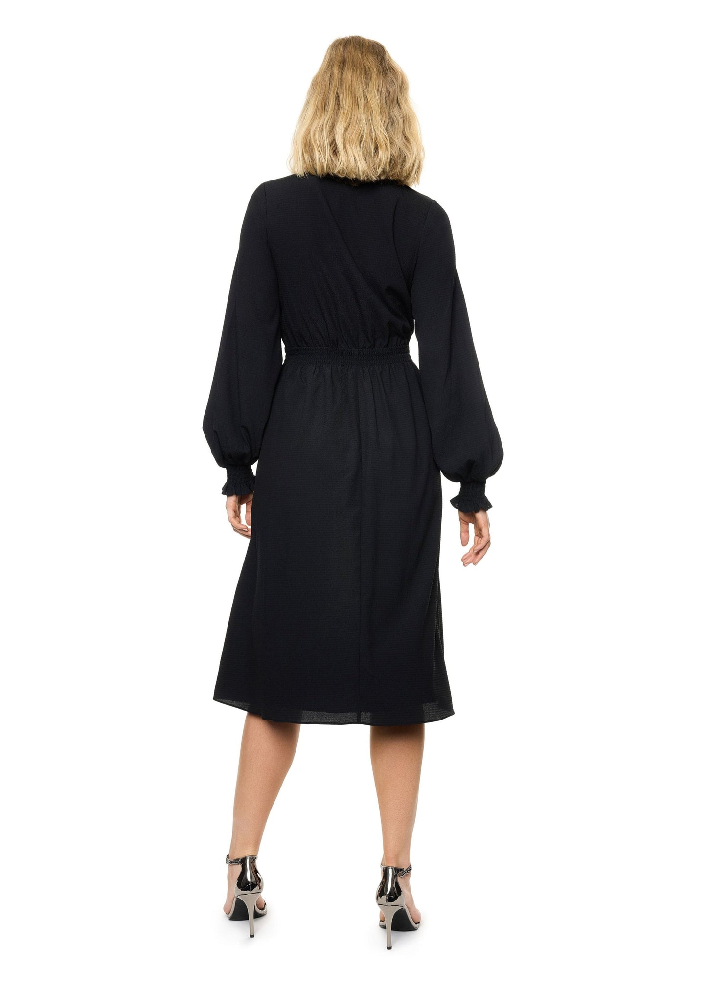 Front Neck Tie Smocked Waist Long Sleeve Midi Dress (Solid)