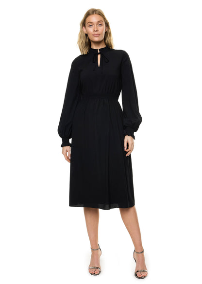 Front Neck Tie Smocked Waist Long Sleeve Midi Dress (Solid)