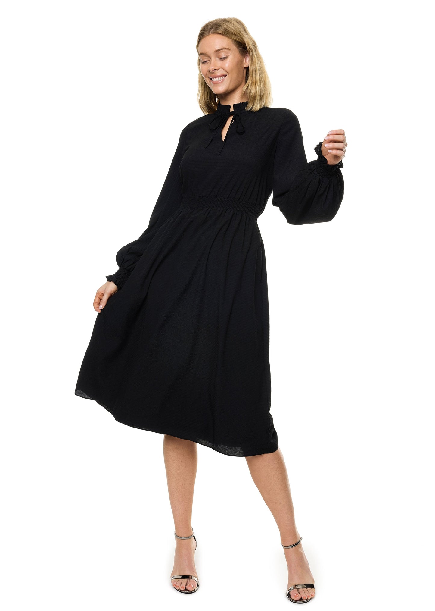 Front Neck Tie Smocked Waist Long Sleeve Midi Dress (Solid)