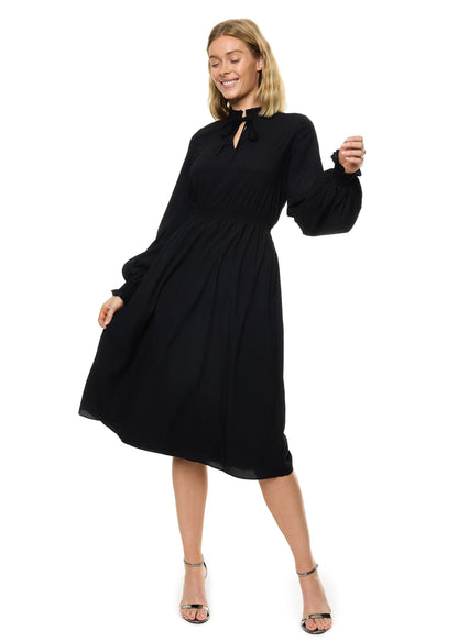 Front Neck Tie Smocked Waist Long Sleeve Midi Dress (Solid)