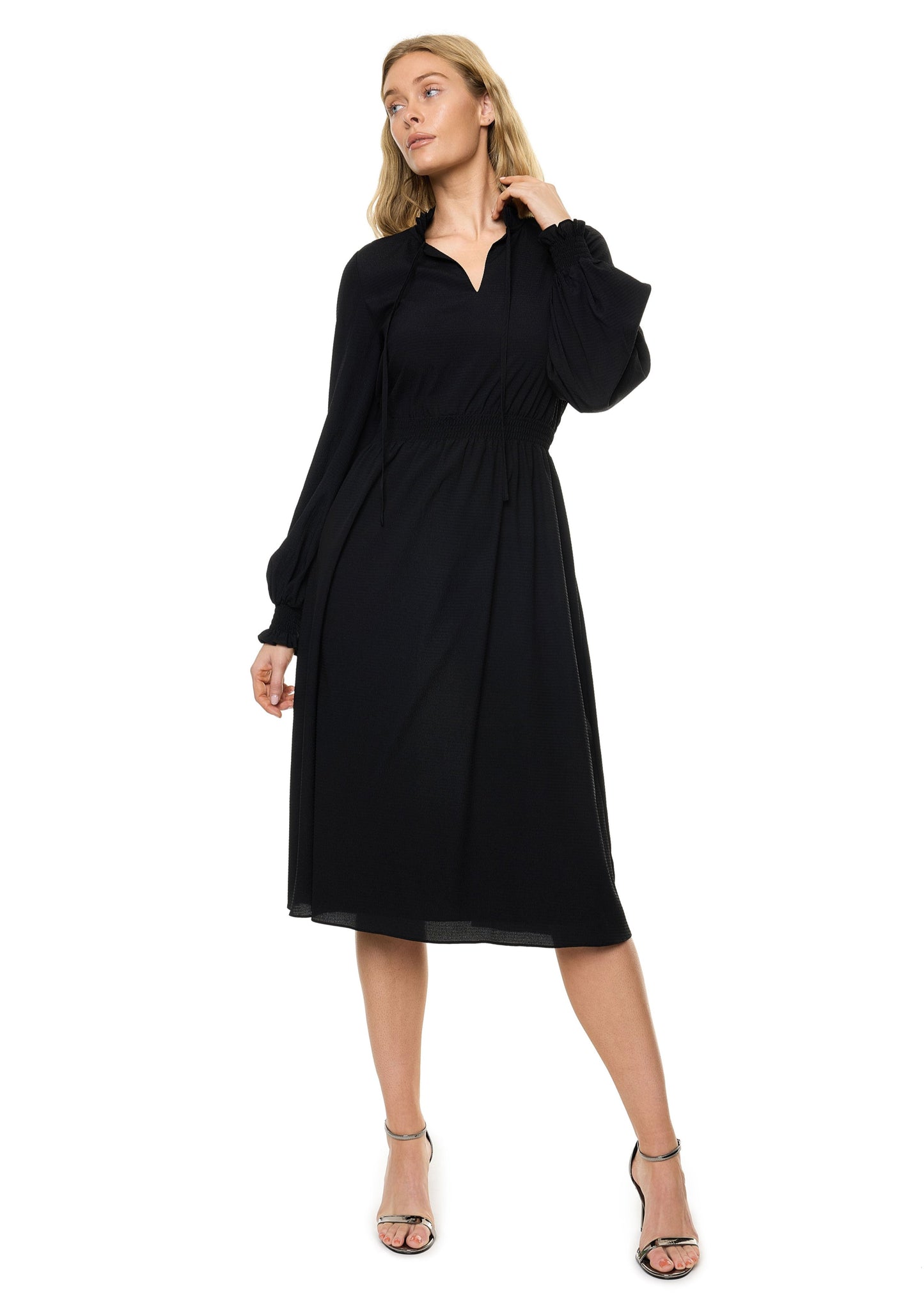 Front Neck Tie Smocked Waist Long Sleeve Midi Dress (Solid)