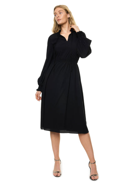 Front Neck Tie Smocked Waist Long Sleeve Midi Dress (Solid)