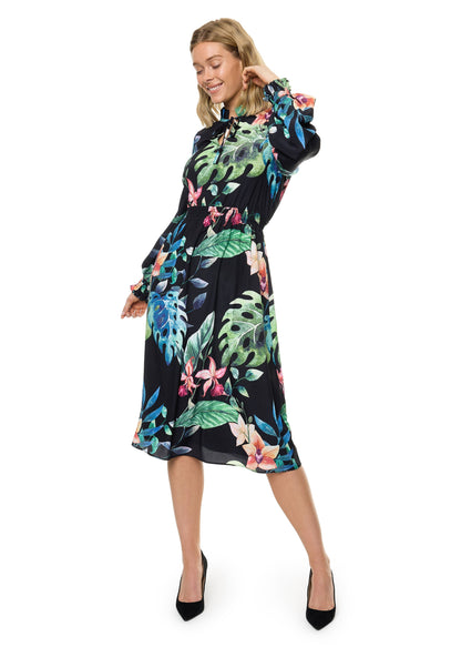 Front Neck Tie Smocked Waist Long Sleeve Midi Dress (Print)