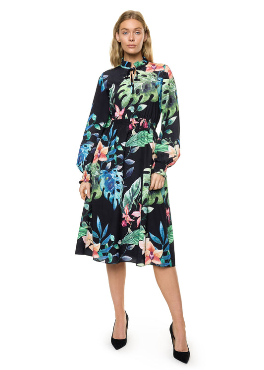 Front Neck Tie Smocked Waist Long Sleeve Midi Dress (Print)