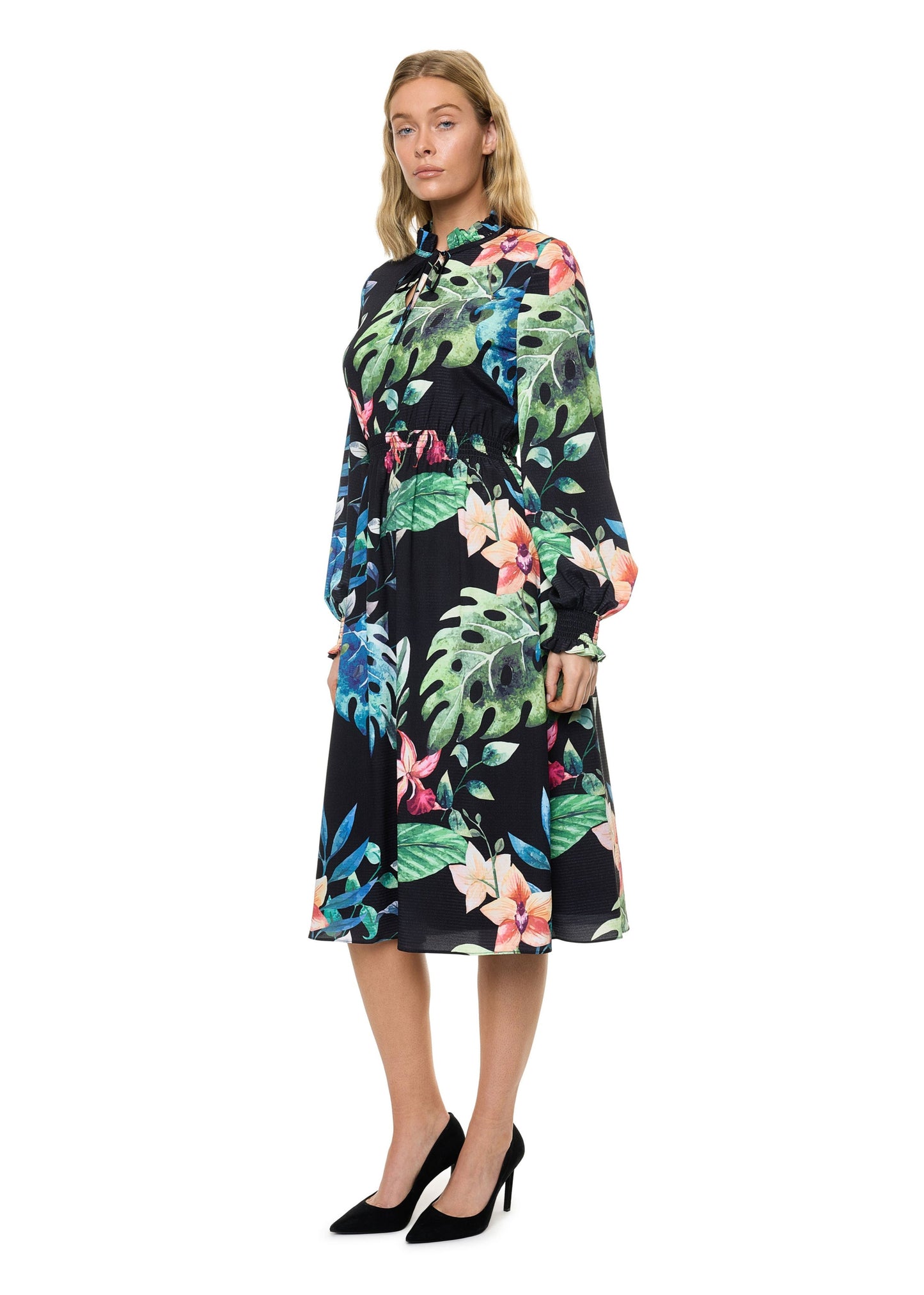 Front Neck Tie Smocked Waist Long Sleeve Midi Dress (Print)