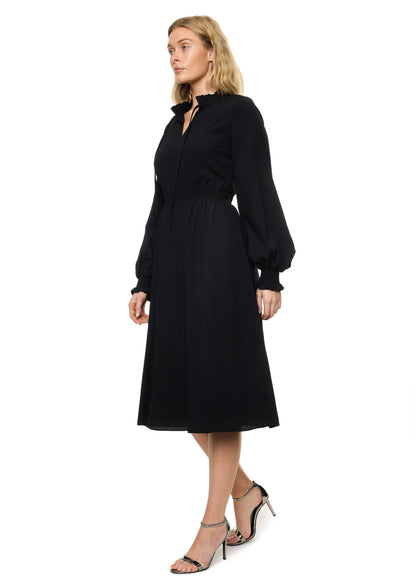 Front Neck Tie Smocked Waist Long Sleeve Midi Dress (Solid)