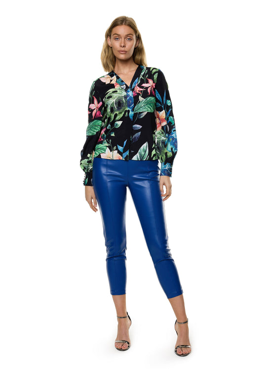 V-Neck Bar Tack Long Sleeve Blouse (Print)