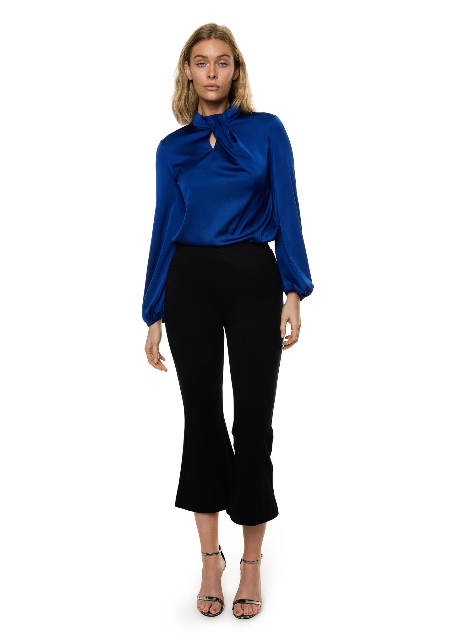 Draped Mock Neck Long Sleeve Shirt ( Solid )