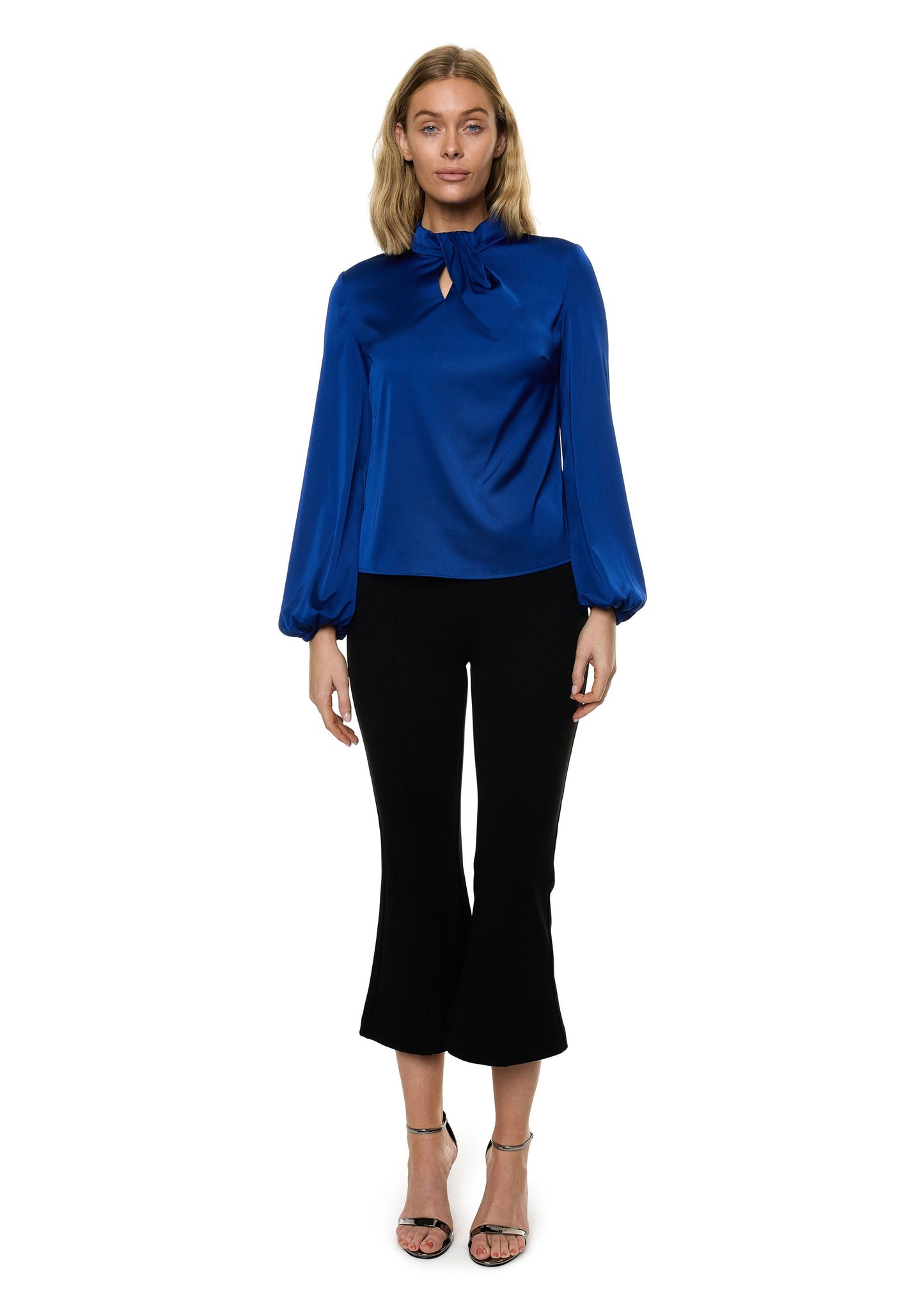Draped Mock Neck Long Sleeve Shirt ( Solid )