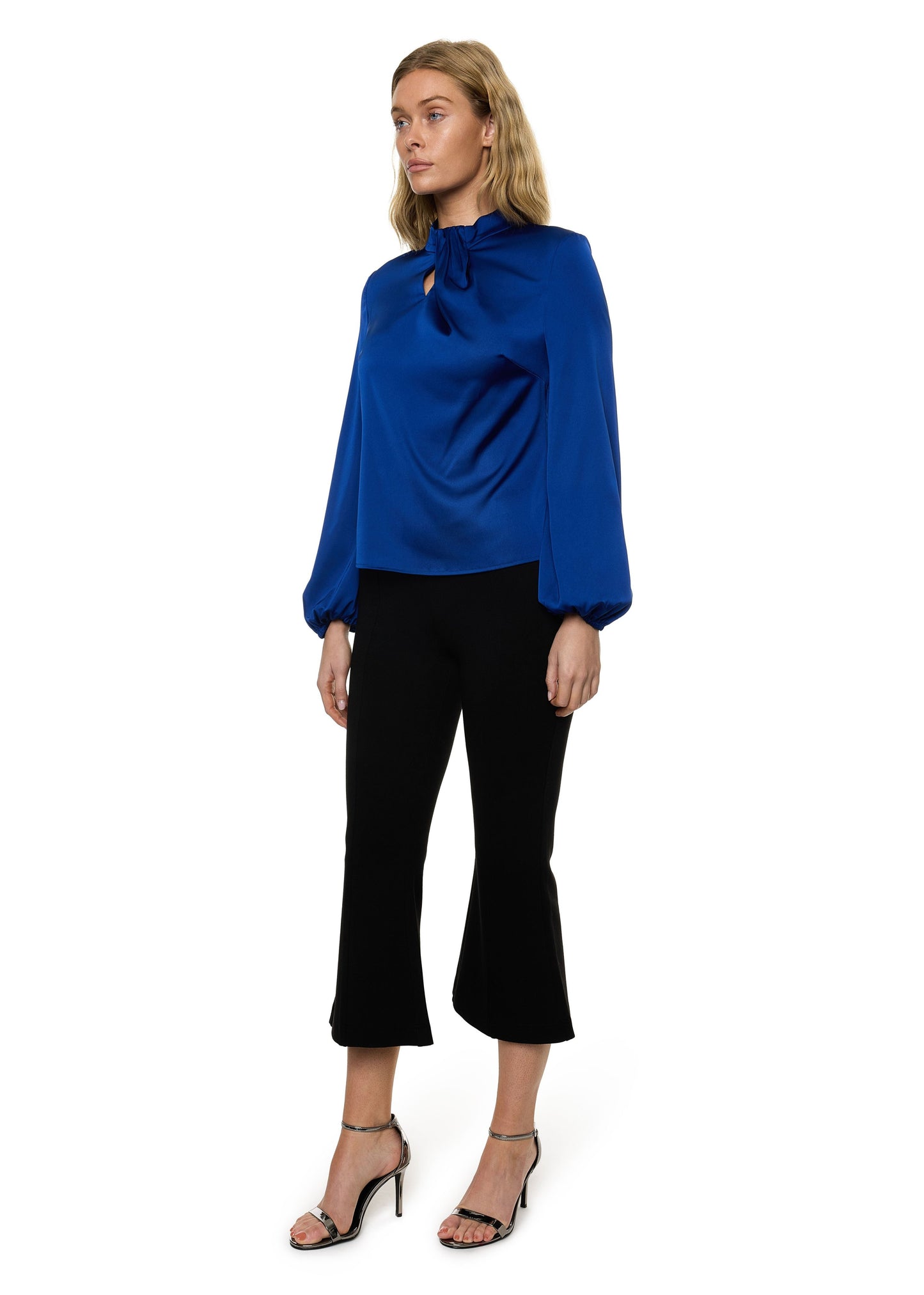 Draped Mock Neck Long Sleeve Shirt ( Solid )