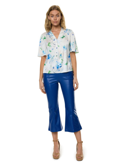 V-neck Pleat Detail Flutter Sleeve Blouse (Print)