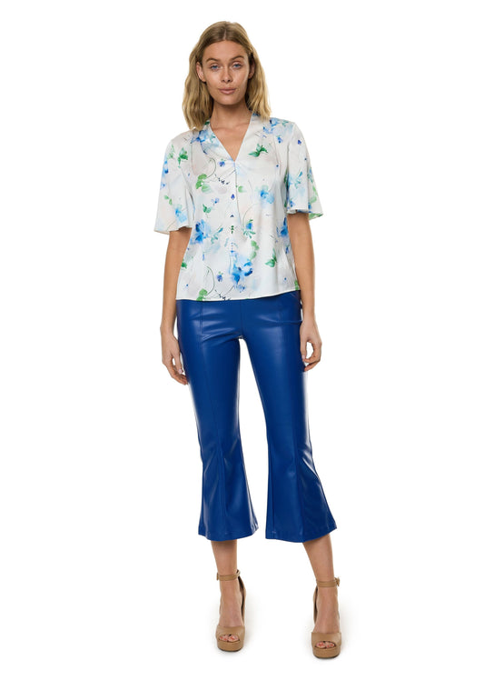 V-neck Pleat Detail Flutter Sleeve Blouse (Print)