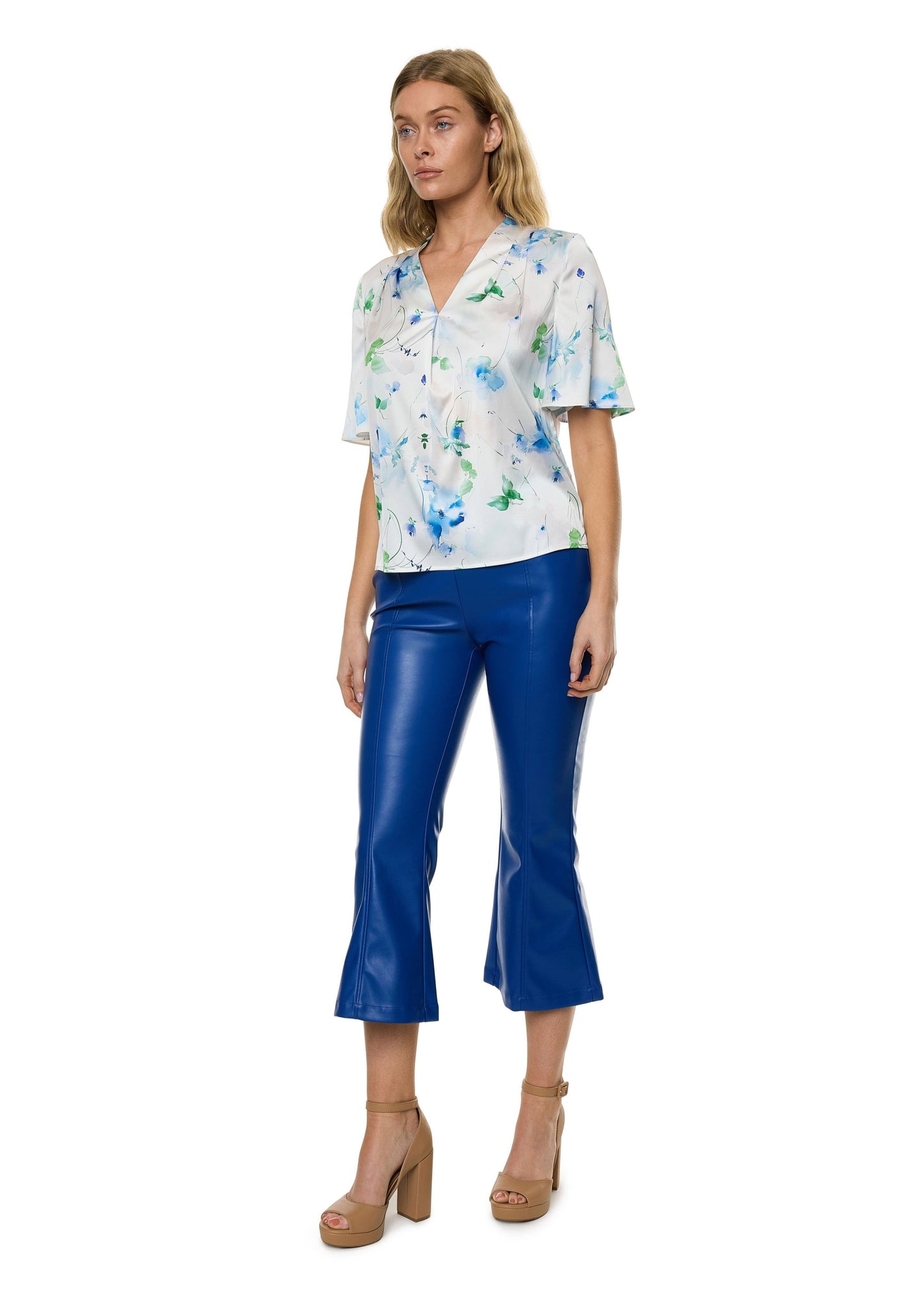 V-neck Pleat Detail Flutter Sleeve Blouse (Print)