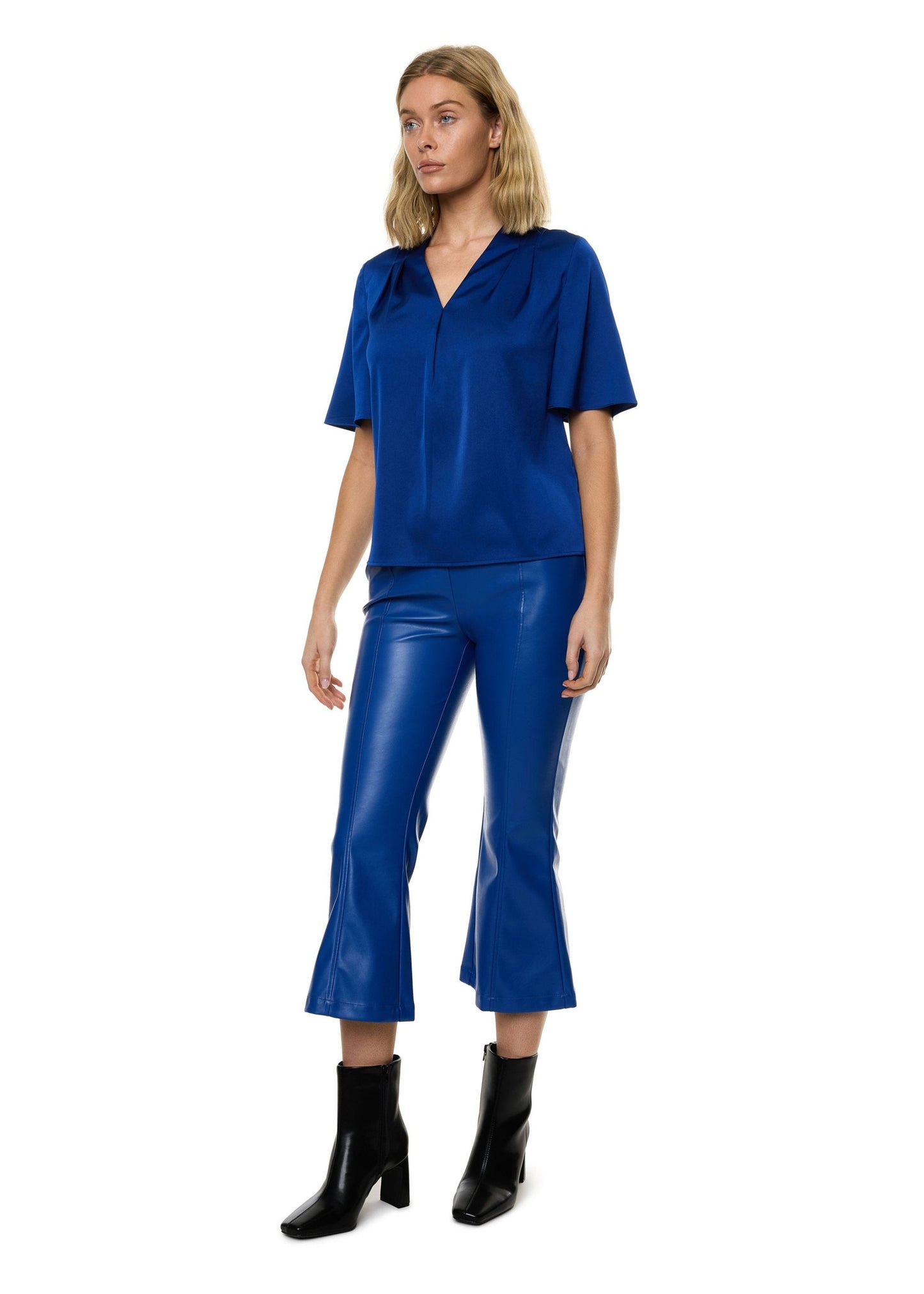 V-neck Pleat Detail Flutter Sleeve Blouse (Solid)