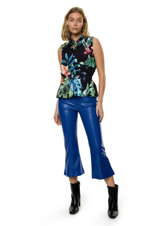 Front Neck Tie Smocked Waist Sleeveless Top (Print)