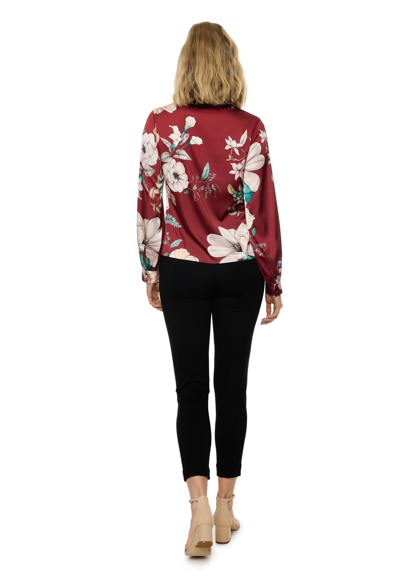 V-neck Pleat Detail Balloon Long Sleeve Blouse (Print)