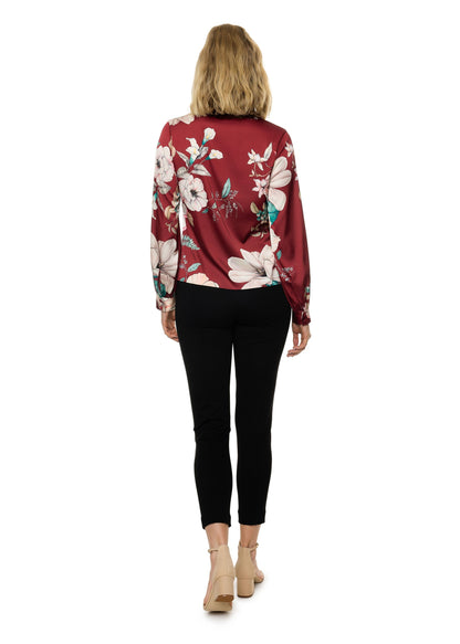 V-neck Pleat Detail Balloon Long Sleeve Blouse (Print)