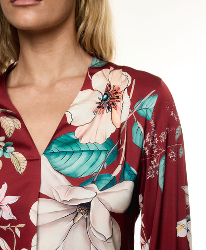V-neck Pleat Detail Balloon Long Sleeve Blouse (Print)