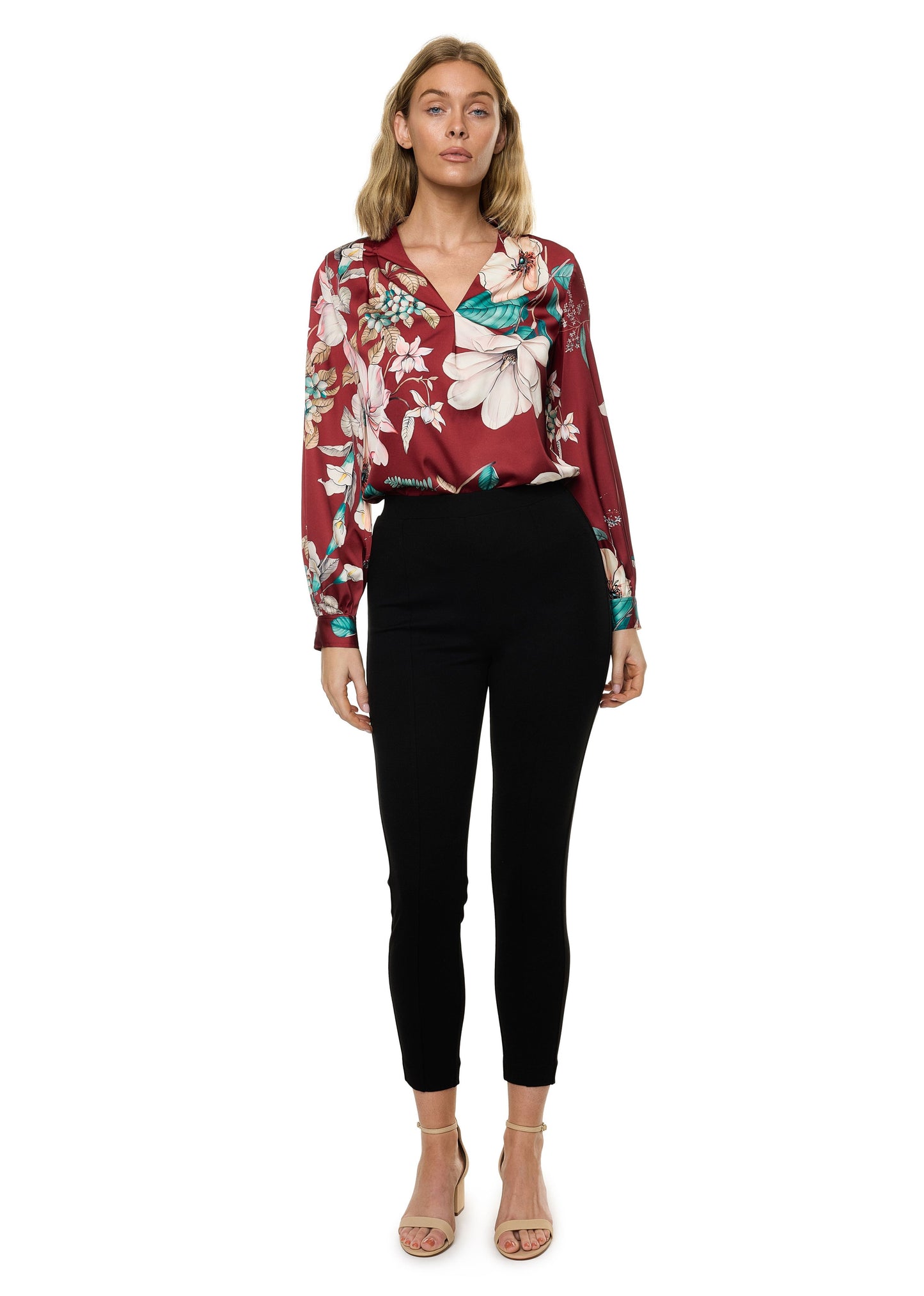 V-neck Pleat Detail Balloon Long Sleeve Blouse (Print)