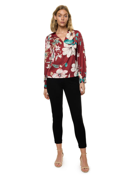 V-neck Pleat Detail Balloon Long Sleeve Blouse (Print)