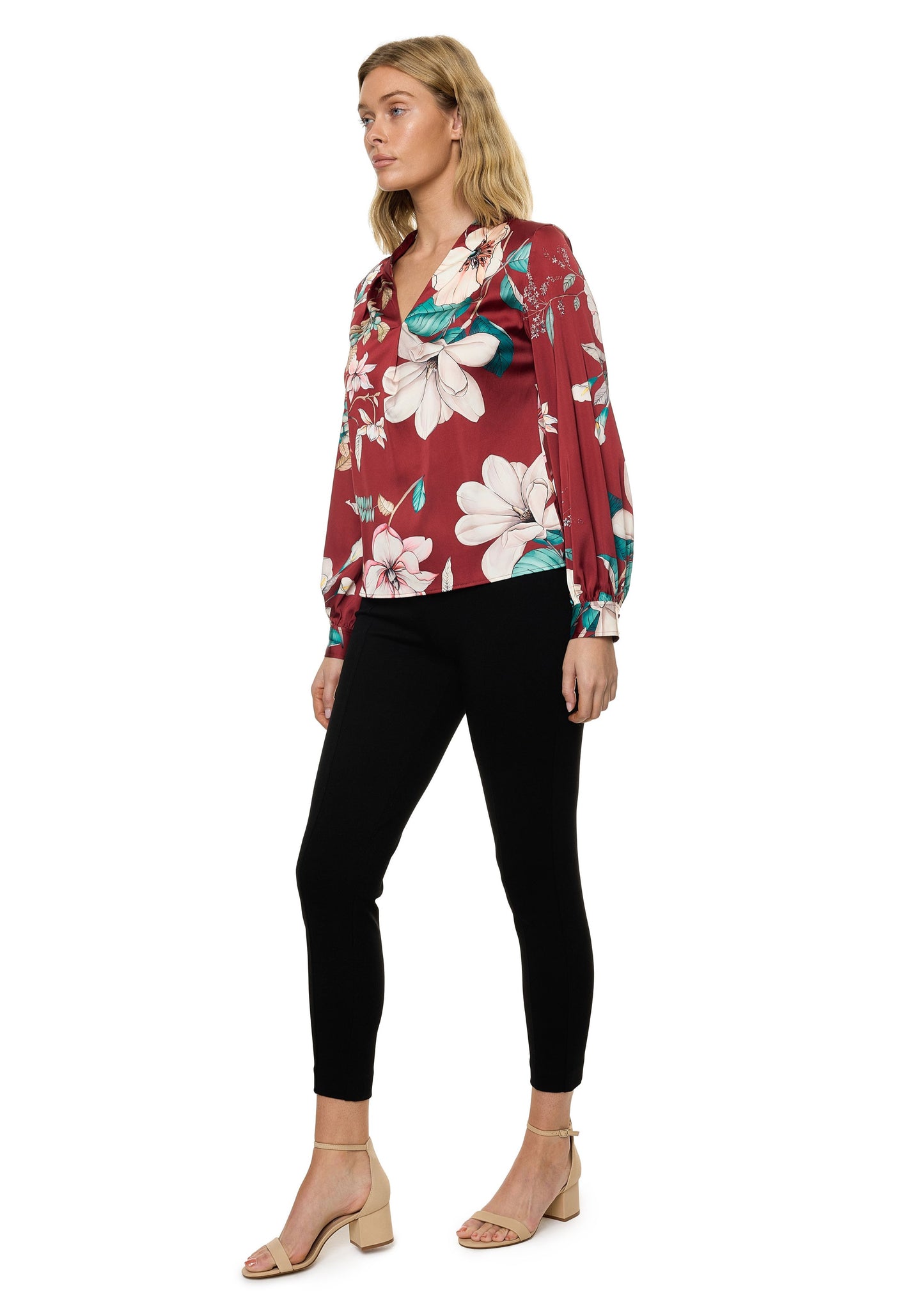 V-neck Pleat Detail Balloon Long Sleeve Blouse (Print)