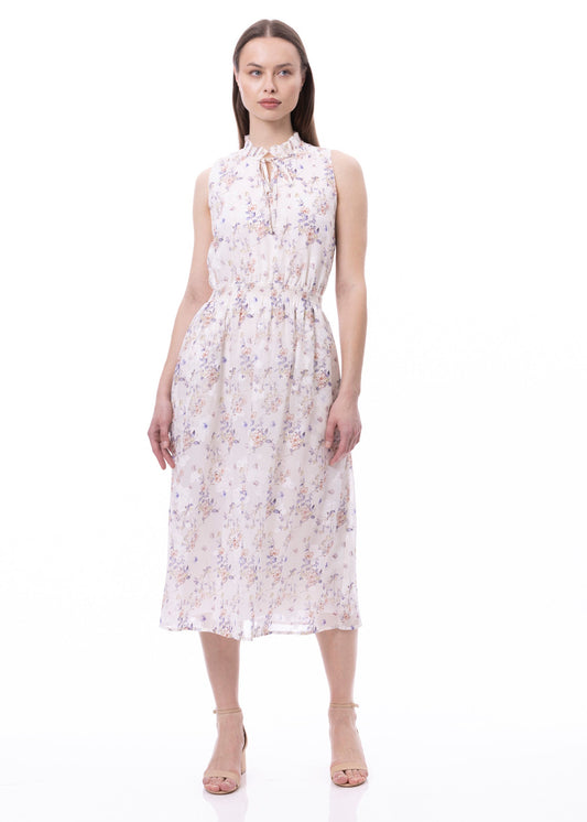 Sleeveless Smocked Waist Tie Front Dress With Pockets In Romantic Garden Print