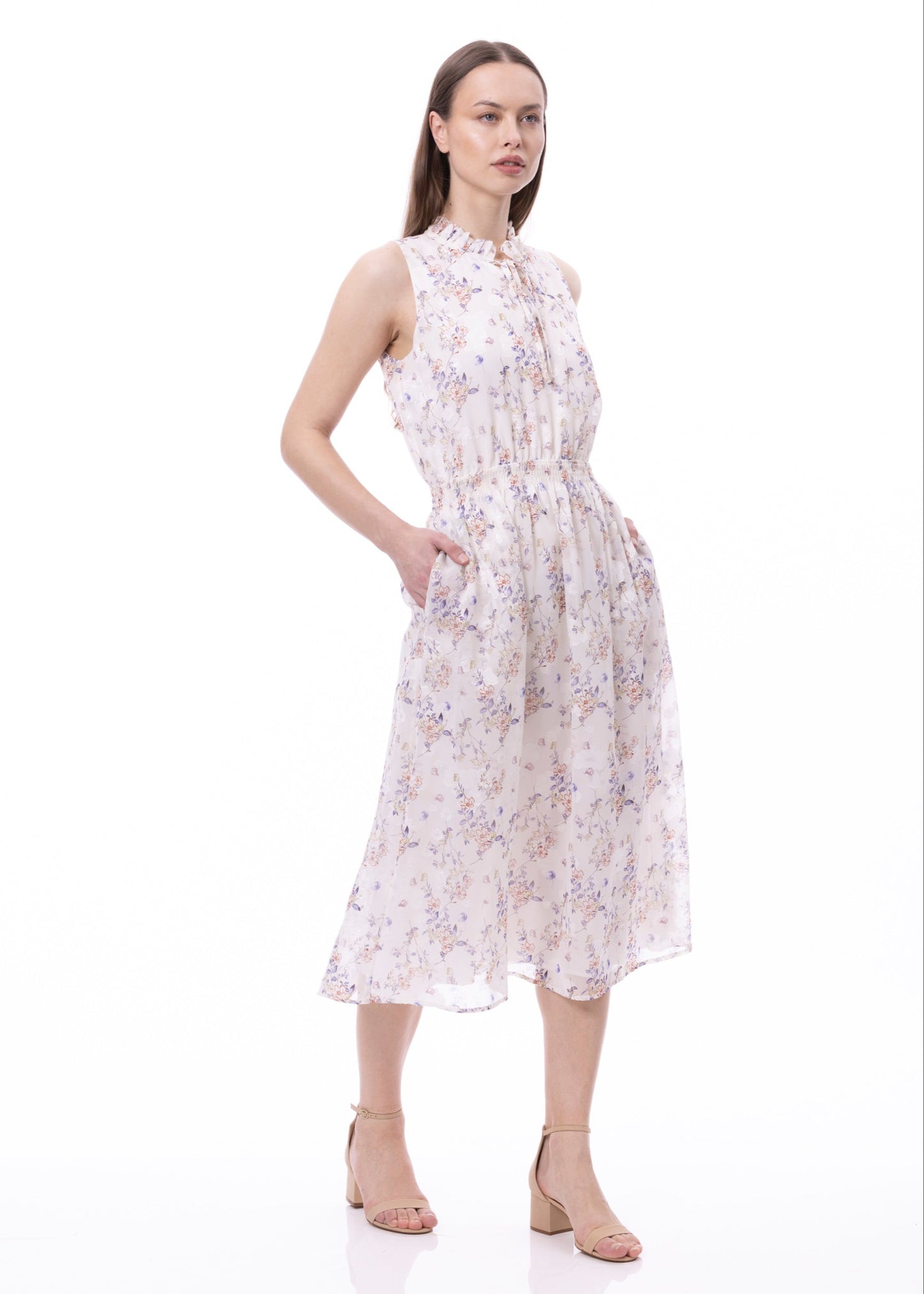 Sleeveless Smocked Waist Tie Front Dress With Pockets In Romantic Garden Print