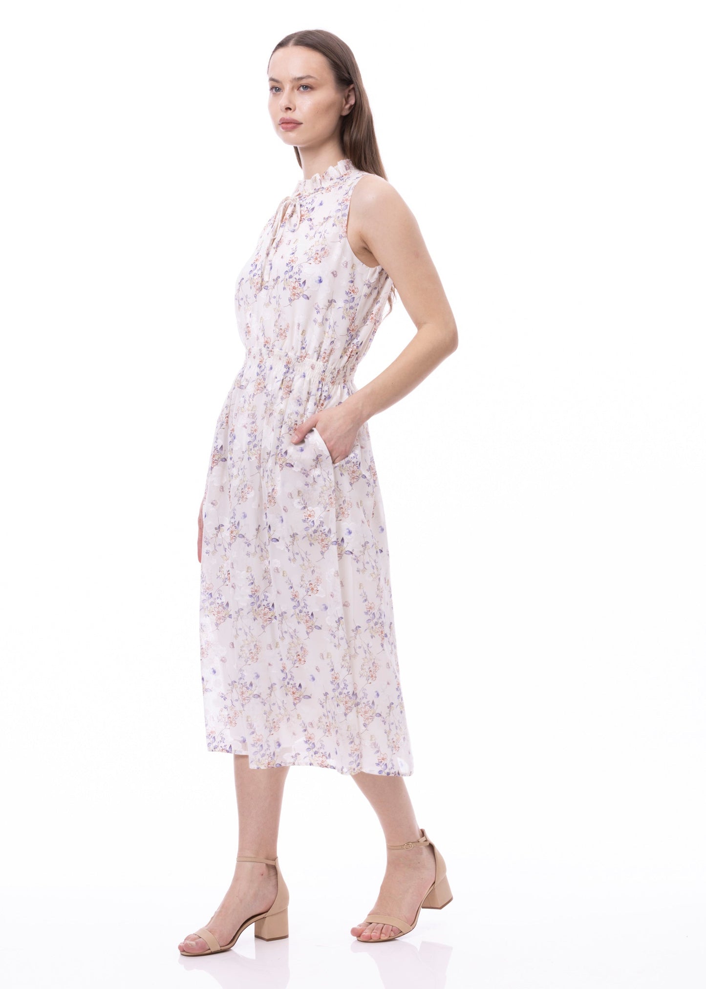 Sleeveless Smocked Waist Tie Front Dress With Pockets In Romantic Garden Print