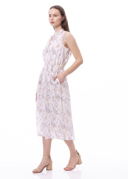 Sleeveless Smocked Waist Tie Front Dress With Pockets In Romantic Garden Print