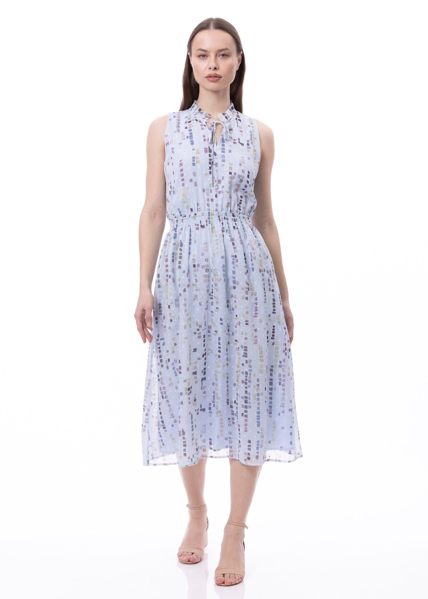 Sleeveless Smocked Waist Tie Front Dress With Pockets (Print)