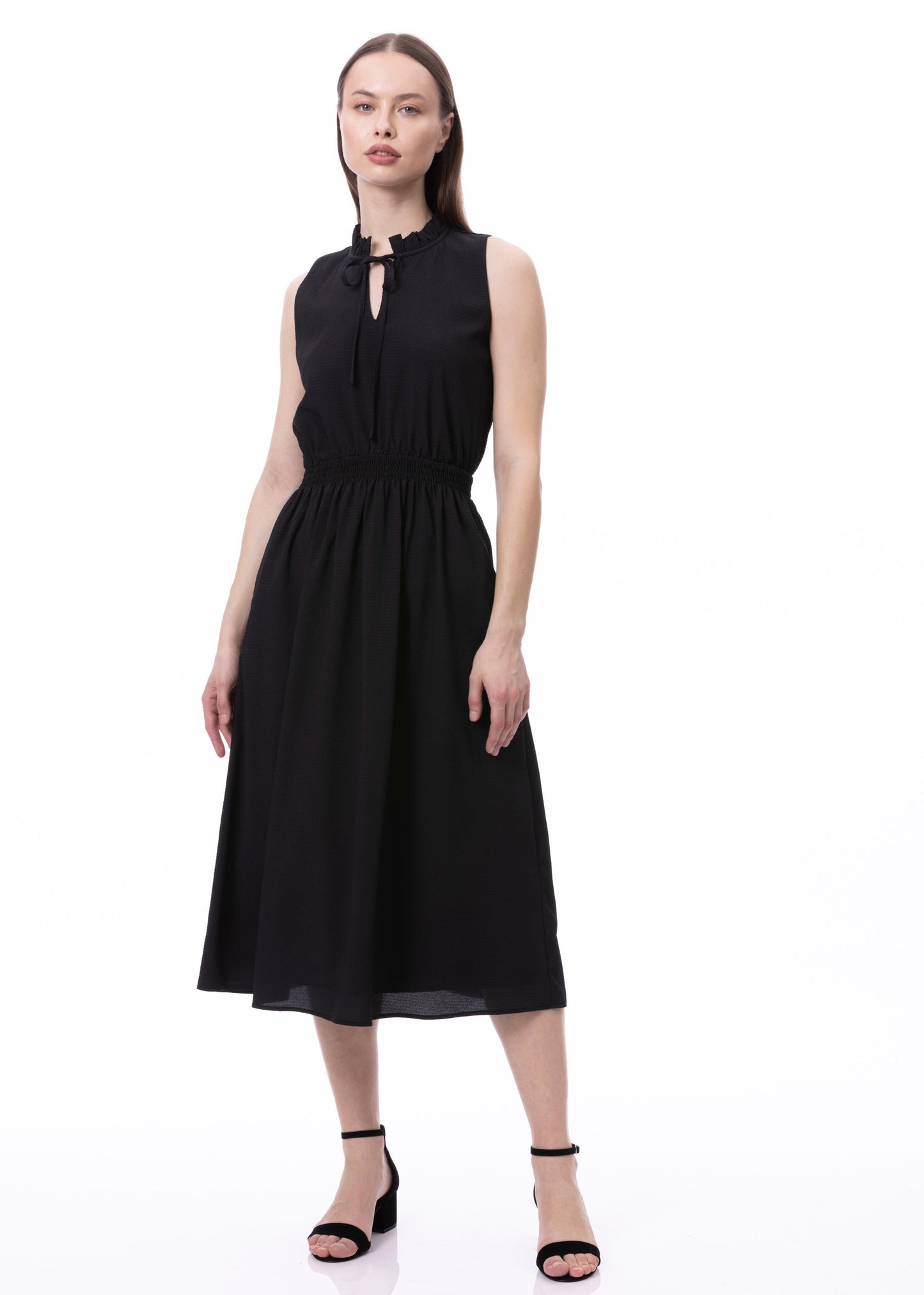 Sleeveless Smocked Waist Tie Front Dress With Pockets In Black Solid