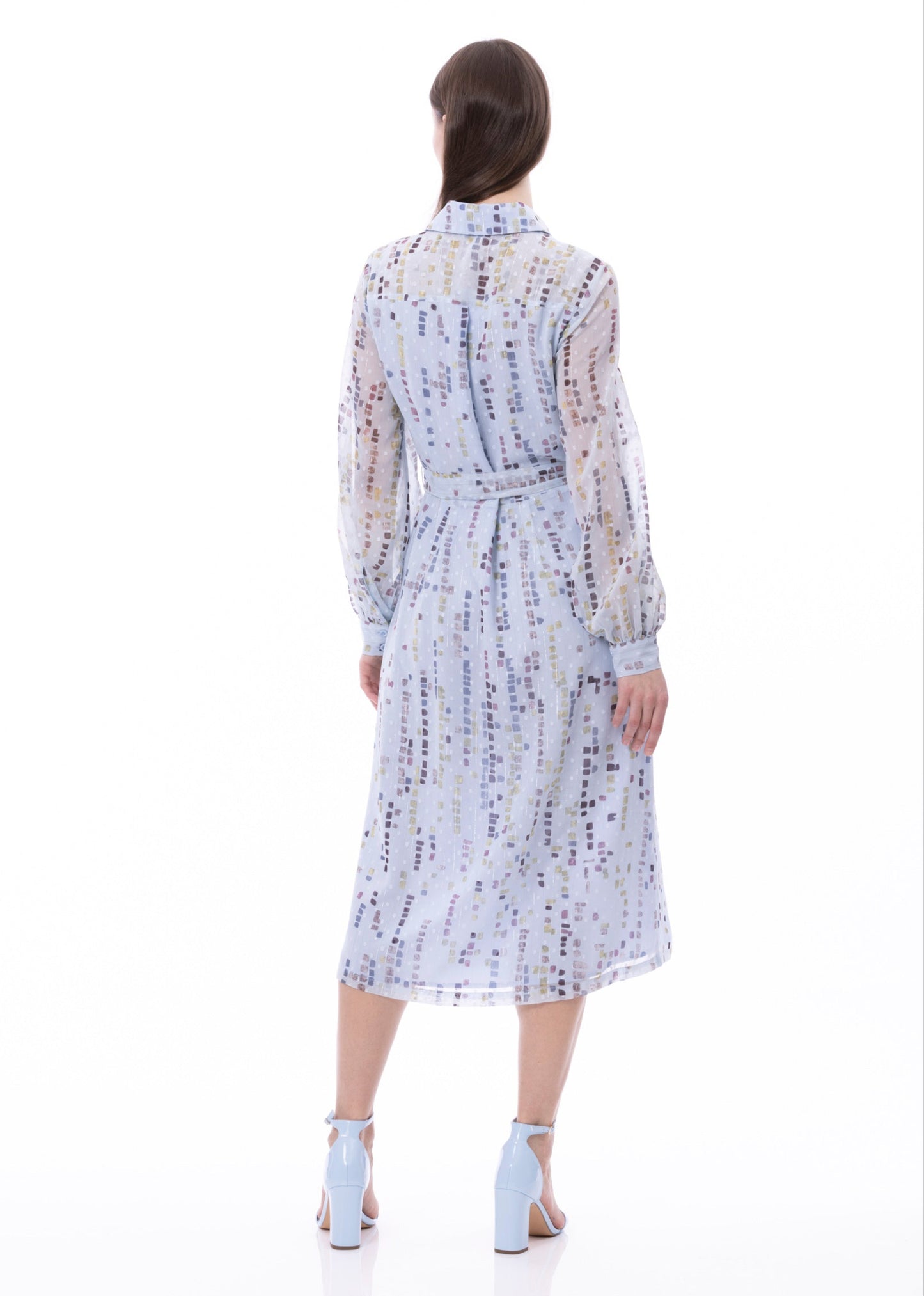 Button Down Shirt Dress With Illusion Puff Long Sleeve & Pockets (Print)