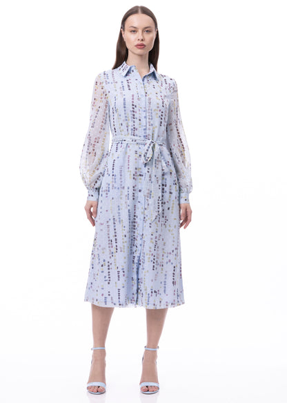 Button Down Shirt Dress With Illusion Puff Long Sleeve & Pockets (Print)