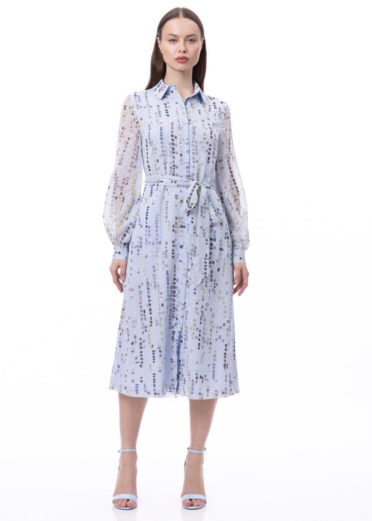 Button Down Shirt Dress With Illusion Puff Long Sleeve & Pockets (Print)