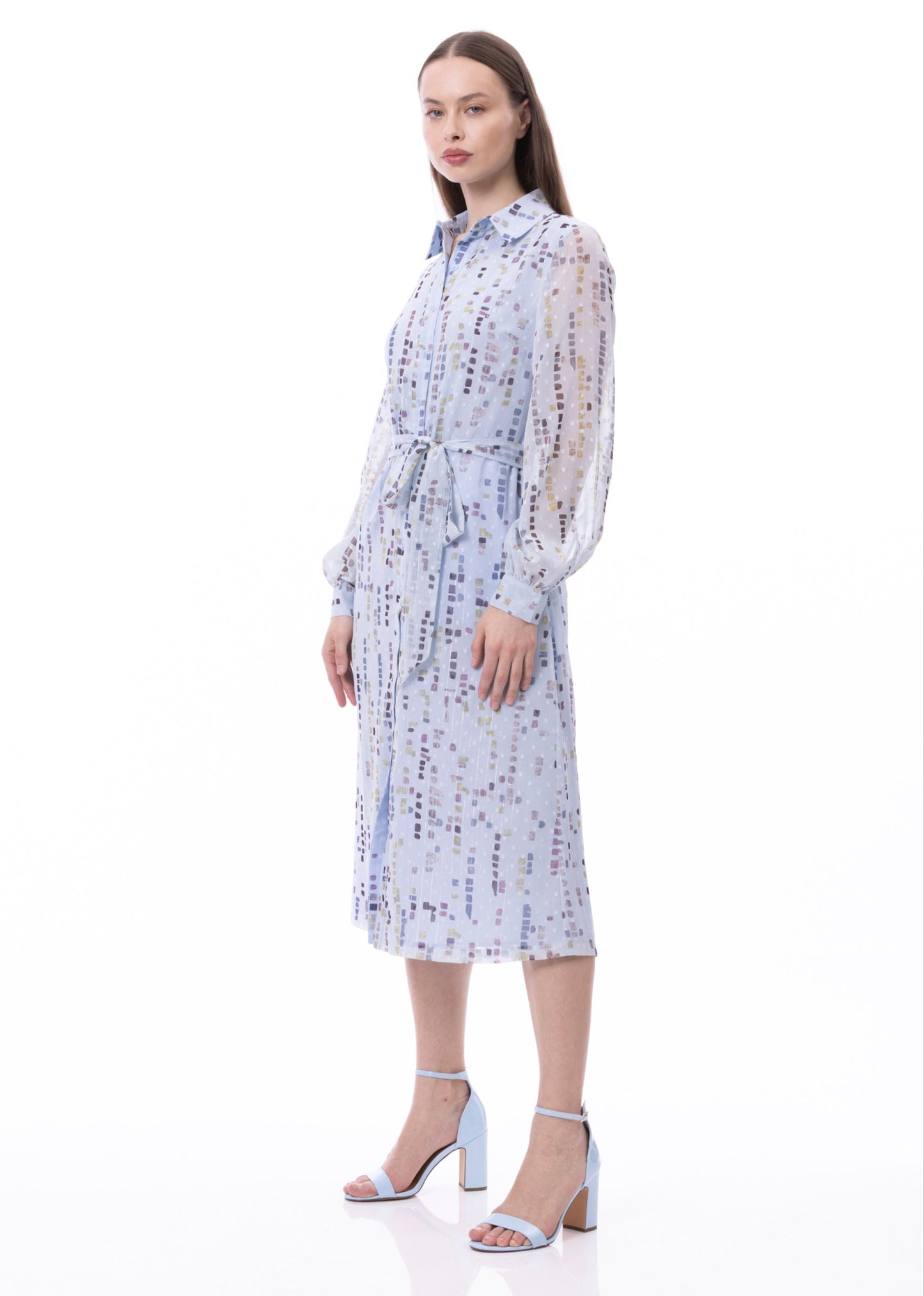 Button Down Shirt Dress With Illusion Puff Long Sleeve & Pockets (Print)